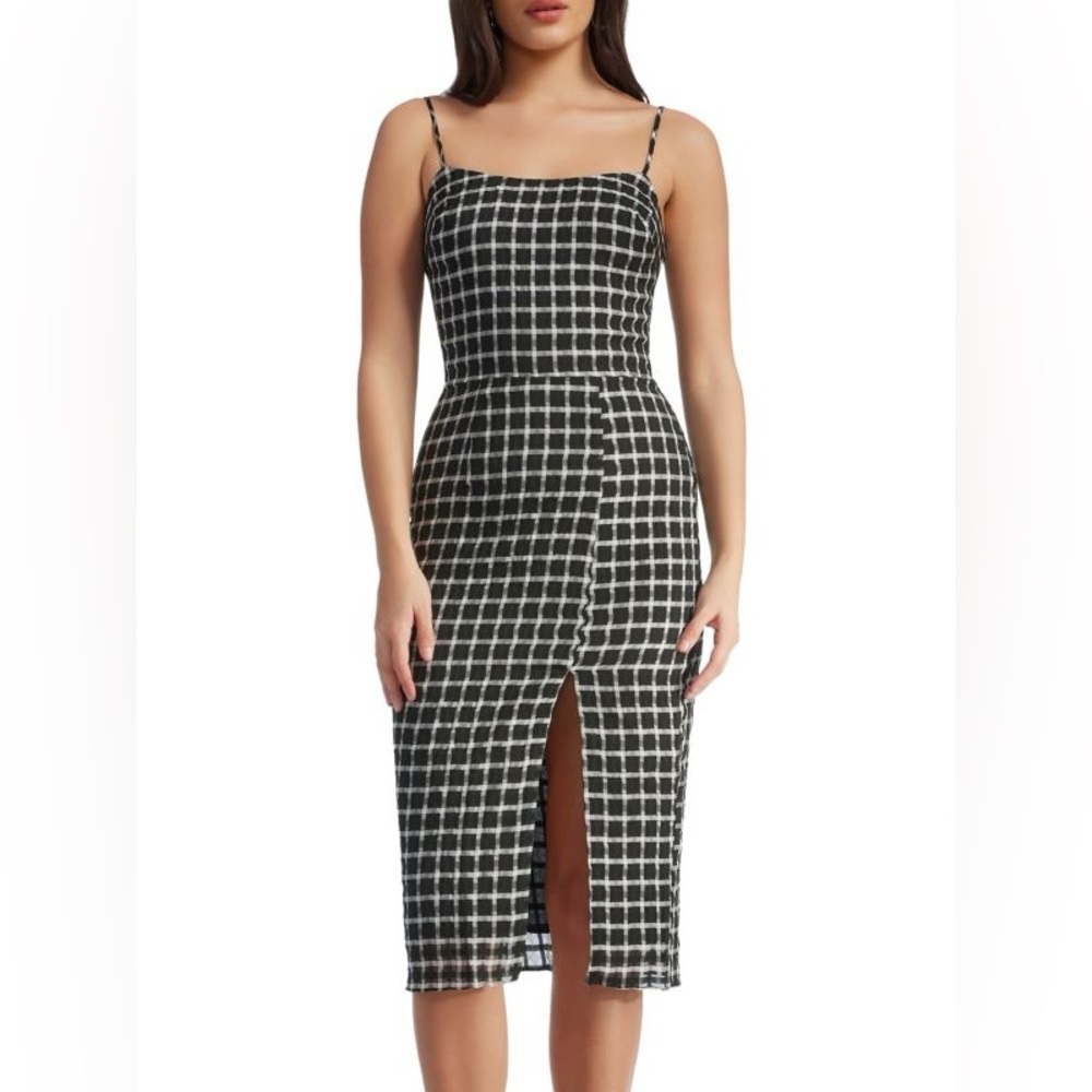 DRESS THE POPULATION Shaireen Plaid Bodycon Dress in Black and White NWT Small